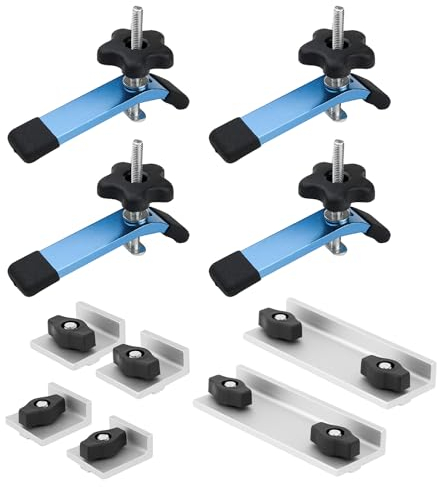 POWERTEC 71910 T-Spur-Stopper und Klemmen-Set für die Holzbearbeitung, inkl. 2 lange Anschläge, 2 kurze Anschläge, 2 Inline-Anschläge und 4 Halteklemmen, 14 cm L x 3,8 cm B