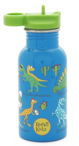 Tyrrell Katz Kids Dinosaurs Printed Drinking Bottle in Blue with Straw - Stainless Steel Dishwasher Safe Children's School Water Flask - 400 ml