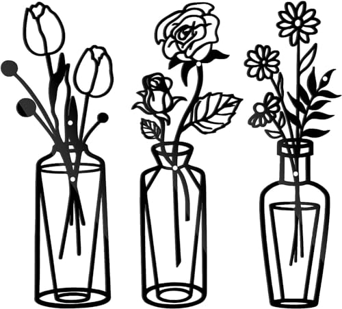 3 Pieces Metal Flower Wall Art Decoration, Black Tulip Wire Iron Decor, Black Metal Wall Art, Black Flower in Vase Wire Wall Hanging Decor for Living Room Bathroom Bedroom Patio Balcony Kitchen (VASE)