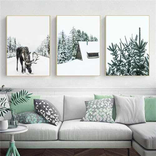 3er Poster Set Wandbilder Winter Bilder, Elch, Holzhaus, Modern Bilder Deko Wanddeko, Leinwand Drucke Schlafzimmer Wohnzimmer Bilder, Ohne Rahmen (50x70cm)