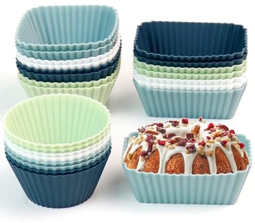 Humbgo Reusable Silicone Muffin Cases - 24 Pack, 3 Shapes, Non-Toxic, Non-Stick, Heat Resistant, Blue, Perfect for Parties & Celebrations