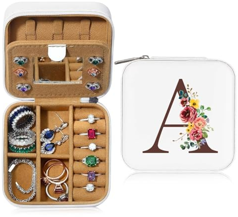 TINGN Topmodel Geschenke Mädchen - Initiale Schmuckkästchen mit Namen A und Blume Personalisierte Kleine Reise Schmuckkästchen mit Spiegel für Damen Mädchen Geschenk für Geburtstage, Weihnachten