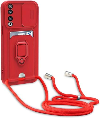 YFSYLL Coque Compatible avec Honor 90,Collier pour Étui Colliers de cellulaire Réglable Lanyard Silicone Case,Protection caméra,Support Annulaire,Fentes pour Cartes,Rouge