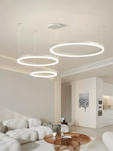 WayLuoung Metall LED Kronleuchter | 3 Kreise 60+80+100cm | 108W Rings Deckenhängelampe, Dimmbare Fernbedienung 3000–6000K, Acryl Schirm Pendelleuchte, Wohnzimmer Schlafzimmer Foyer Esszimmer【Weiß】