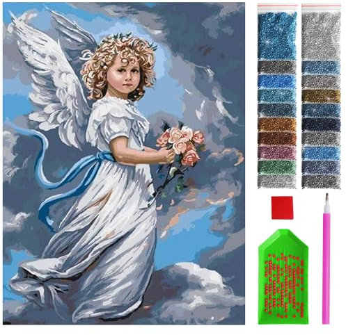 ARTULIO Diamond Painting Set – Engel mit Blumenstrauß - 30x40 cm – 5D Diamant Painting Bilder DIY, Diamond Painting Erwachsene