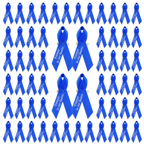 CRAFFANCY 100 Stück Blaue Satinband-Anstecknadeln, Gedenkband-Broschen in Forever in Our Hearts für Beerdigung, Trauer, Veranstaltung, Trauer, Trauer, Gedenkfeier, Polyester, Kein Edelstein