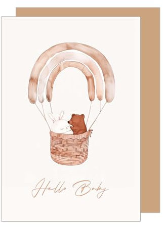 Edition Seidel Carte de vœux de naissance de qualité supérieure avec enveloppe. Carte de naissance d'événement voeux Hello Baby pour fille garçon bébé motif lapin ours (E283 SW024)