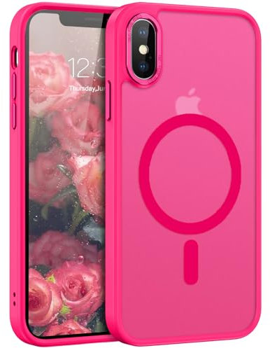 DUEDUE for iPhone X/iPhone XS Case Magnetic【Fit for MagSafe】Shockproof Military Grade Drop Protection, Wireless Charging Anti-Scratch Translucent Matte Back Case for iPhone X/iPhone XS 5.8, Hot Pink
