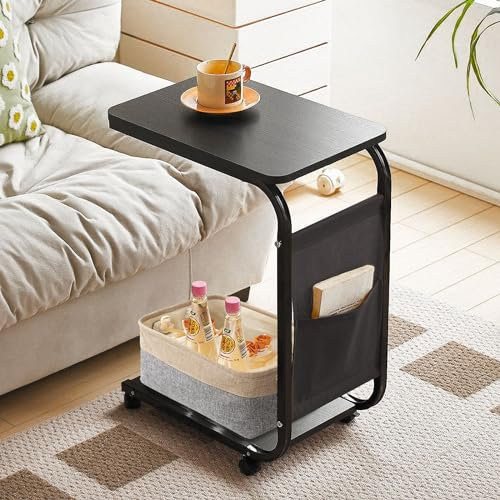YUTVCZO Beistelltisch C Form mit Rollen, Klein Beistelltisch Couch C Form, Holz C Form Couchtisch/Sofatisch für Couch Sofa, Modern Mobiler Kaffeetisch Table mit Aufbewahrungstaschen/Körben (Schwarz)