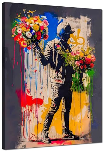 Kunstbruder© Wandbilder Banksy Gross hochkant Schlafzimmer Home Deko Wohnung Bild Wohnzimmer Bilder Leinwand Graffiti kunstdruck - Bunt gemälde (manmitblumebunt, 60x80 cm)
