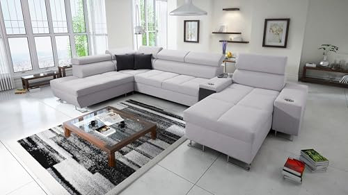 All4All Ecksofa mit Schlaffunktion Margo V 371x221 cm - Schlafsofa mit Bettkasten - Wohnlandschaft in U-Form - XXL Sofa - Seite rechts - Gewebe - Hellgrau - Modern 26