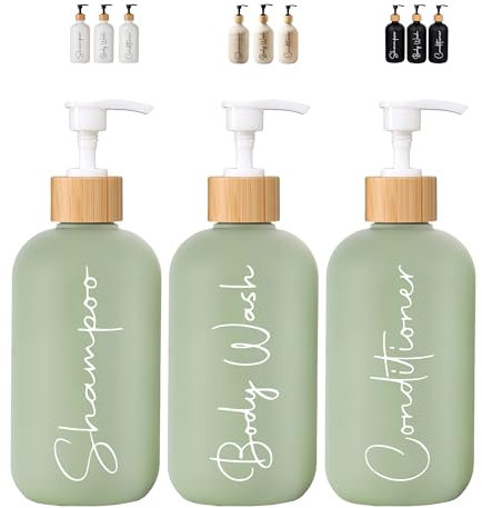FCINNOVA® Distributeur de savon de bain 500 ml vert | Lot de 3 pots de gel et shampooing + baume + entonnoir pour remplissage | Ce distributeur de savon de bain est élégant et rehausse la beauté