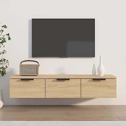 FOZICV Wandschrank 102x30x20 cm mit 3 Schubladen TV Schrank TV Board Hängeschrank Wohnzimmer Arbeitszimmer Lowboard Hängend Vielseitiges Wandschublade Schweberegal Sonoma Eiche Holzwerkstoff