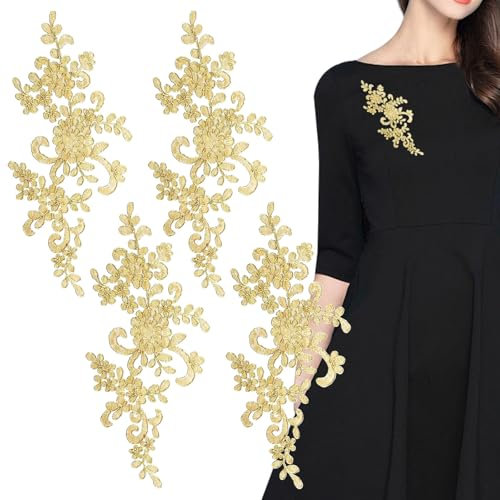 4PCS Metallic Embroidered Leaf Flowers Patches Iron on Patch Trim Fringe Leaves Glitter Retro Boho Embroidered Appliques Iron-on Patches for Dress Pillow Sewing Accessories Embellishment