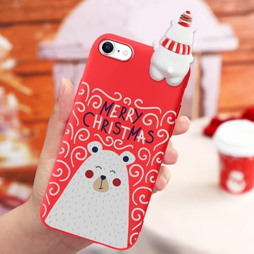ZhuoFan Custodia natalizia per Apple iPhone 8/7/SE 2020/SE 2022 4,7 pollici, 3D cartone animato animale design carino orso natalizio morbido silicone TPU paraurti natale modello custodie donna ragazze
