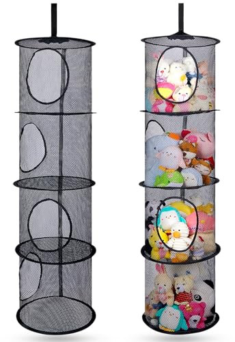 MHJY Kuscheltier Aufbewahrung Hängend Korb 2 Stück Faltbare Hängeaufbewahrung Kinderzimmer Stofftier Hängeregal Bad Spielzeug Mesh Organizer Netz Plüschtier Hängeorganizer, 4 Stufen
