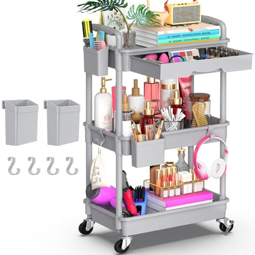 Yeabett Carrello portaoggetti a 3 livelli con cassetto, carrello multiuso con ripiano in plastica e ruote bloccabili, carrello portaoggetti multifunzionale per cucina, bagno, ufficio, soggiorno,