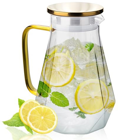 2L Water Jug, Glass Jug with Lid & Filter, Large Borosilicate Glass Water Pitcher with Stainless Steel Lid for Hot Cold Beverages, Easy-Clean Fridge-Safe Milk Sangria Pitcher for Juice, Tea, Coffee