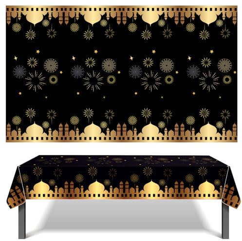 MORAINJAY 2 Stück Schwarze Eid Tischdecke Party, 130x220cm Große Tischdecken für Eid Mubarak Party, Rechteckige Kunststoff Tischdecken Mond und Stern Dekorationen für Islam, Muslimische