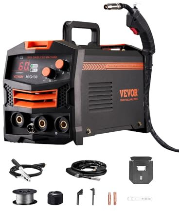 VEVOR Macchina Saldatrice MIG Corrente 130A, Saldatrice MIG Sinergica Filo Animato Senza Gas, Kit Saldatrice Portatile Saldatrice con Tecnologia Inverter IGBT, Macchina Saldatrice Schermo Digitale