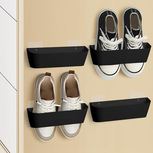 Kaket Zapatero de plástico para colgar sobre la puerta, autoadhesivo o perforar detrás de la puerta, 4 unidades, color negro