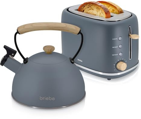 briebe Nordic Set Toaster 2 Scheiben Breite Schlitze mit Brötchenaufsatz, 6 Toast Stufen + Wasserkessel Induktion 2,3L, Flötenkessel, Edelstahl, BPA-frei, Frühstücksset Nordisches Design (Grau)