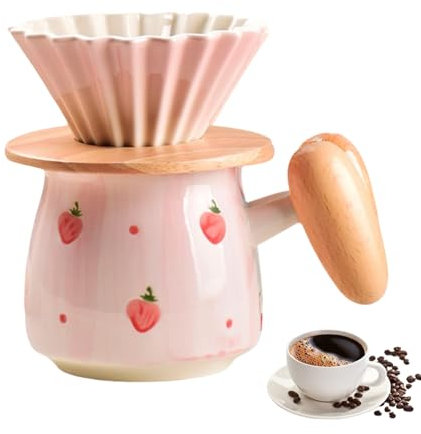 Mafagwre Pour Over Kaffeebereiter Mit Keramikbecher, Kaffeefilterhalter Wiederverwendbar, Kaffeefilter Porzellan Mit Holzgriff, Kaffeekanne Aus Keramik, Manuelle Tropfkaffeemaschine (Strawberry)