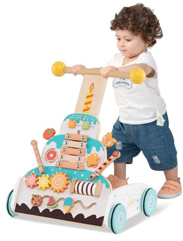 COSTWAY 8 en 1 Chariot de Marche en Forme Gâteau avec Xylophone & Perles & Blocs, Marcheur D'Apprentissage Bébé en Bois avec Poignée Réglable, Espace Intérieur & 4 Roues, Trotteur Bébé de 12 Mois+