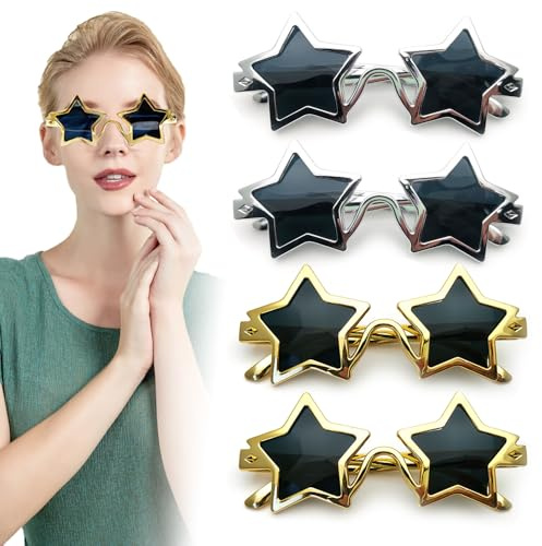 TRKETK 4 Stück Sternförmige Sonnenbrille, 80er Jahre Pentagramm Sternbrille PC-Partybrille Fotoautomaten Requisiten Neuheit-Party-Brillen für Künstlerische Kostüme für Kinder und Erwachsene