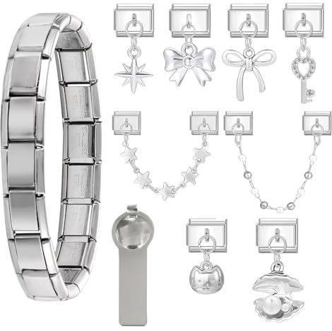 Menore Italian Charm Bracelet, 12PCS Italian Charms Armband Set mit Öffnungswerkzeug und Armband, DIY Abnehmbar 9mm Edelstahl Module für Italienische Armbänder, Geschenk für Frauen Mädchen