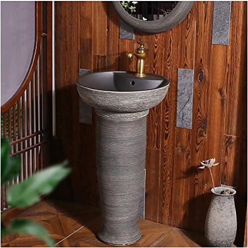 7LiuYueFei6 Art Bathroom Washbasin Sink with Full Pedestal Pedestal Sink Handmade Ceramic Washbasin Table Violin Clay Round Freestanding Sink with Drain and Faucet (B With mirror)