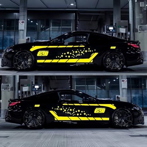 Auto Aufkleber, Sterne Streifen Dekorative Vinyl Aufkleber für Motorhaube und Tür Karosserie(Gelb)