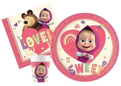 Kit Party Tavola Masha Sweet Heart per 8 persone (36 pezzi: 8 piatti Ø23cm, 8 bicchieri 200ml, 20 tovaglioli 33x33cm)