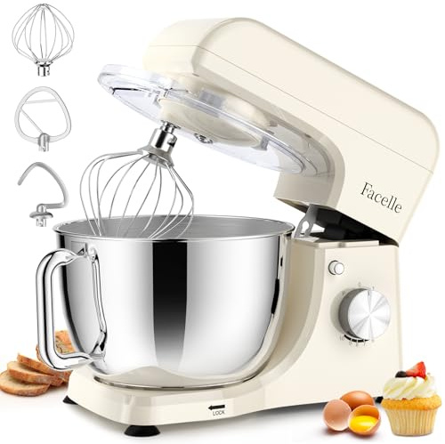Facelle Stand Mixer, 1500W Electric Kitchen Mixer, 10 Speeds Food Mixer with Pulse, Attachments include 5.5L Stainless Steel Bowl, Dishwasher Dough Hook, Whisk, and Beater for Baking - White