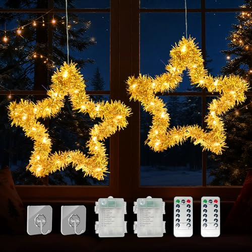 2 Stück Weihnachtsbeleuchtung Fenster Stern Mit Beleuchtung,Weihnachtsdeko Fenster Hängend Fensterbeleuchtung Weihnachten,Stern Fenster Beleuchtet Batterie Timer,Led Weihnachtsstern Innen Kinderzimmer