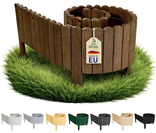 Floranica Wegkante Rollborder Holz 200 x 10 cm Dunkelbraun – Baumscheibe | Fasst Kiesbeet, Baumscheibe und Gartenweg sauber ein. Vormontiert, 5 Erdspieße, ohne Graben – klassisch am Blumenbeet