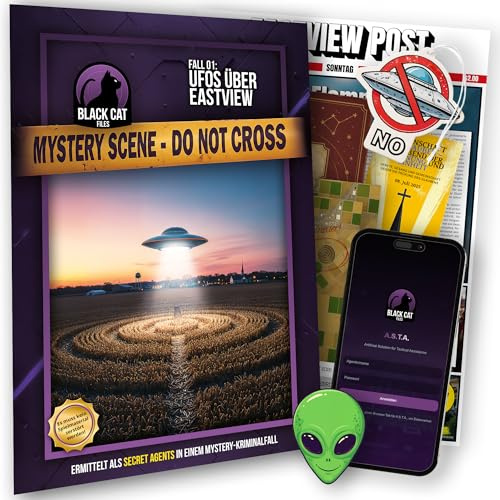Black Cat Files: UFOs über Eastview – Mystery-Krimispiel mit App | Interaktives Detektivspiel für Mystery-Fans: Beweisstücke zum Anfassen, Telefonate & Videos | 1–6 Spieler | ab 14 Jahren