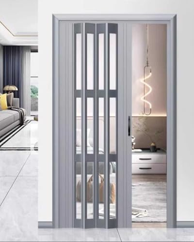 Puerta corredera retráctil, Separador de ambientes acordeón PVC plegable, ventanas acrílicas(Grey,60x80in (152.5x203cm))