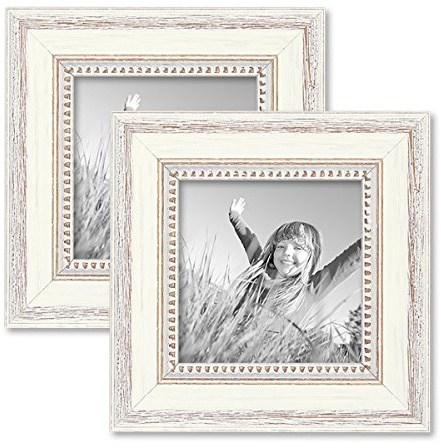 2er Set Bilderrahmen Shabby-Chic Landhaus-Stil Weiss 15x15 cm Massivholz mit Glasscheibe und Zubehör/Fotorahmen
