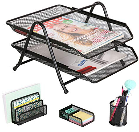 Exerz Office Tray Set 4pcs - 2 Tier Filing Letter Tray, Letter Rack, Pen Pot, Clips & Memo Pad Holder