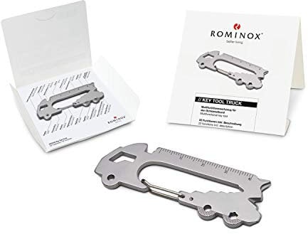 Artículo de regalo: herramienta de llave Rominox, camión, 22 funciones, llavero de camión, herramienta multifunción de acero inoxidable, incluye descripción de funcionamiento