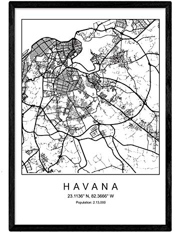 Nacnic Drucken Havanna Stadtkarte im nordischen Stil schwarz und weiß. A3 Größe Plakat Das bedruckte Papier Keine 250 gr. Gemälde, Drucke und Poster für Wohnzimmer und Schlafzimmer