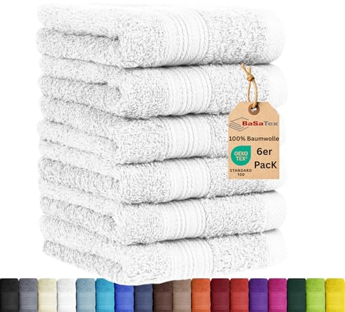 BaSaTex Frottee Gästetuch, 6er Pack, 30x50 cm, Weiss | 100% Baumwolle, Öko_Tex Zertifiziert, Aufhängeschlaufe, Langlebig, Saugstark
