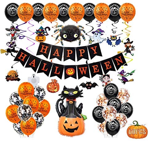 Fontee® 60er Halloween Party Deko Set Happy Halloween Luftballons Banner, Spinne, Fledermaus, Hexe, Kürbis Ghost Folienballon Latex Ballon für Halloween Bar Wohnaccessoires