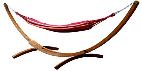 ALEOS. 400cm XXL Hängemattengestell Gestell aus Holz Lärche Dunkelbraun mit Tuchhängematte Mona 120x200 cm