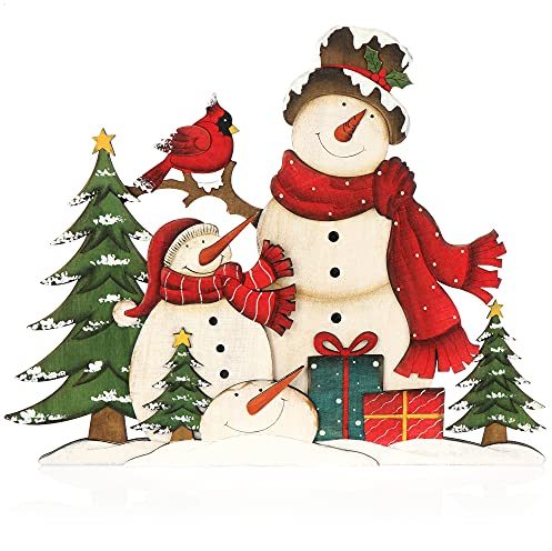com-four® Dekorativer Aufsteller für Weihnachten - XL Schneemann aus Holz zum Hinstellen - Weihnachtsdekoration zum Verzieren und Verschenken (Schneemann mit Familie)