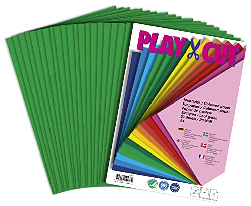PLAY-CUT Tonpapier A4 Blattgrün (130g/m2) | 20 Bogen Din A4 Papier zum Basteln Drucken | Dickes Bedruckbares Bastelpapier Set und Druckerpapier A4 | Premium Tonzeichenpapier & Craft Paper