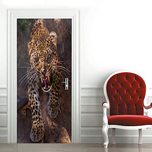 A.Monamour Türtapete Selbstklebend Türfolie Türposter 3D Ein Wütendes Weibliches Leopard Gebrüll Tier Thema Vinyl Folie Türdeko Tapete Wandbild Türaufkleber Türtattoo 90 x 200 cm
