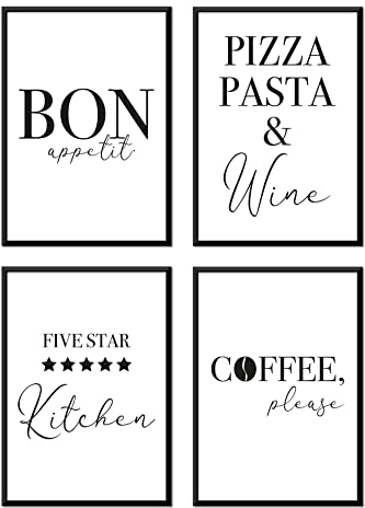 Grafikkult® Küchen Deko Poster Set | Schwarz Weiß Wandbilder für die Küche | Küchenbilder Modern | Bilderset minimalistisch für Esszimmer | beidseitig bedruckt ohne Bilderrahmen | (DIN A4)