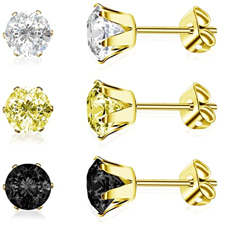 Artskin 3 Paar Ohrstecker aus Titan medizinischem Stahl und AAAA+ Cubic Zirkonia für Damen hypoallergen Geschenk für Mädchen (6mm, Gold)